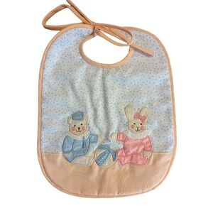Vintage House of Hatten Baby Bib Embroidered Sailor Bear Bunny Peach Blue Floral